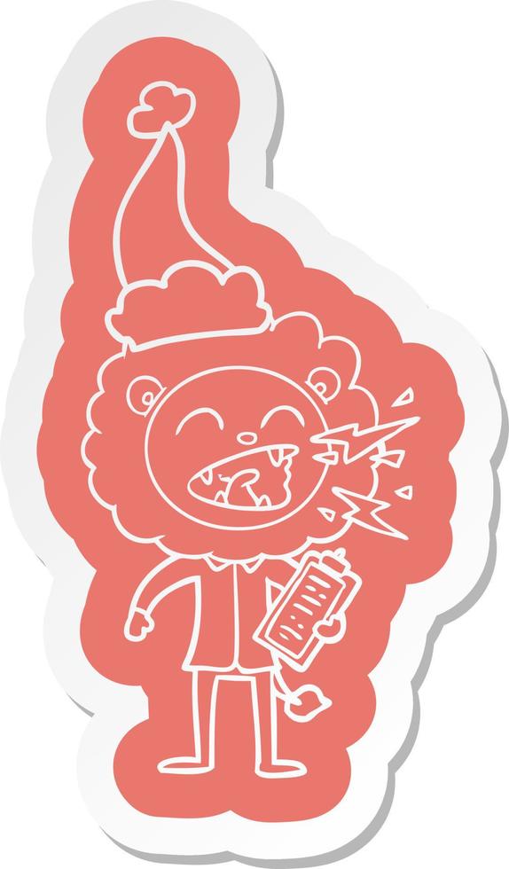 autocollant de dessin animé d'un médecin lion rugissant portant un bonnet de noel vecteur