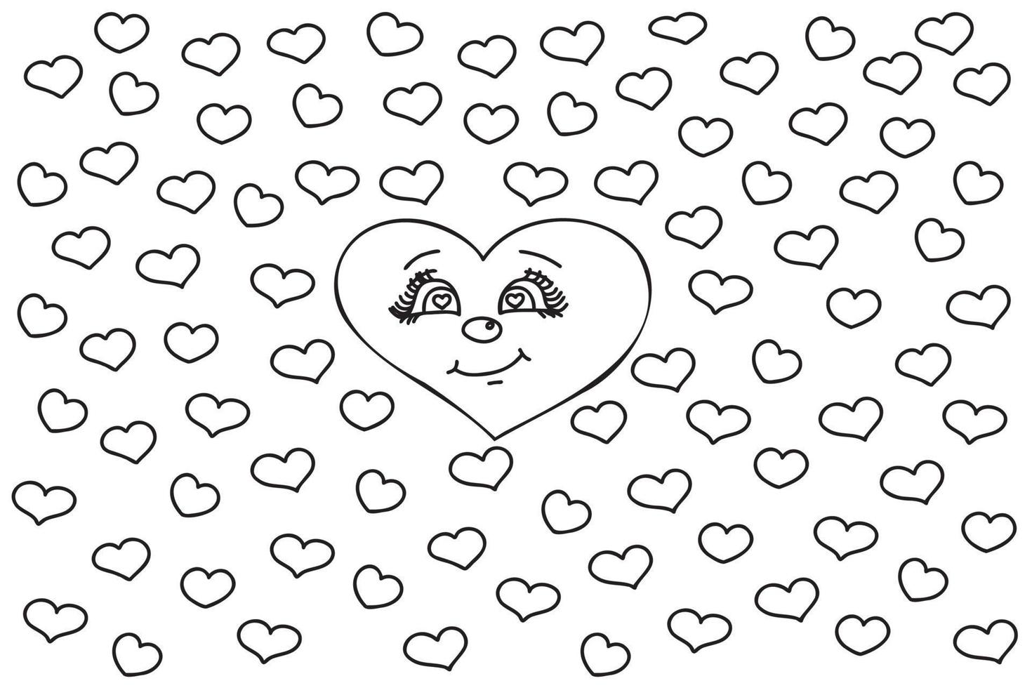 dessiné avec un visage de coeur entouré de petits coeurs destinés aux vacances de l'amour, de la Saint-Valentin, du 8 mars, des cartes, des estampes et d'autres occasions. vecteur