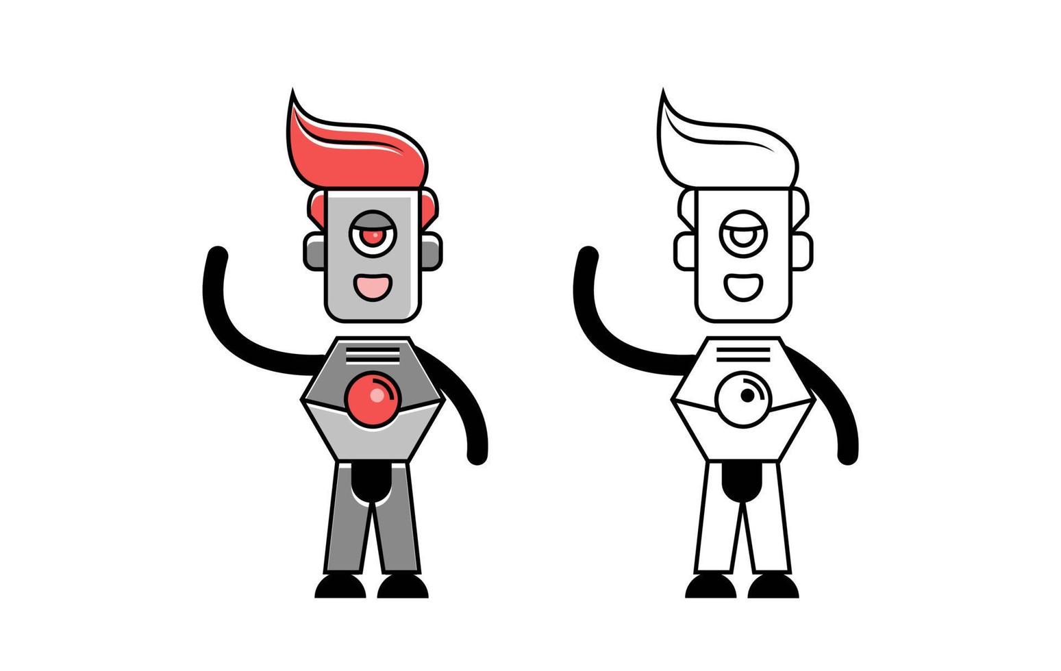 mascotte de robot jouet, colorée et contour pour livre de coloriage. illustration de clip art vectoriel avec couleur métallique