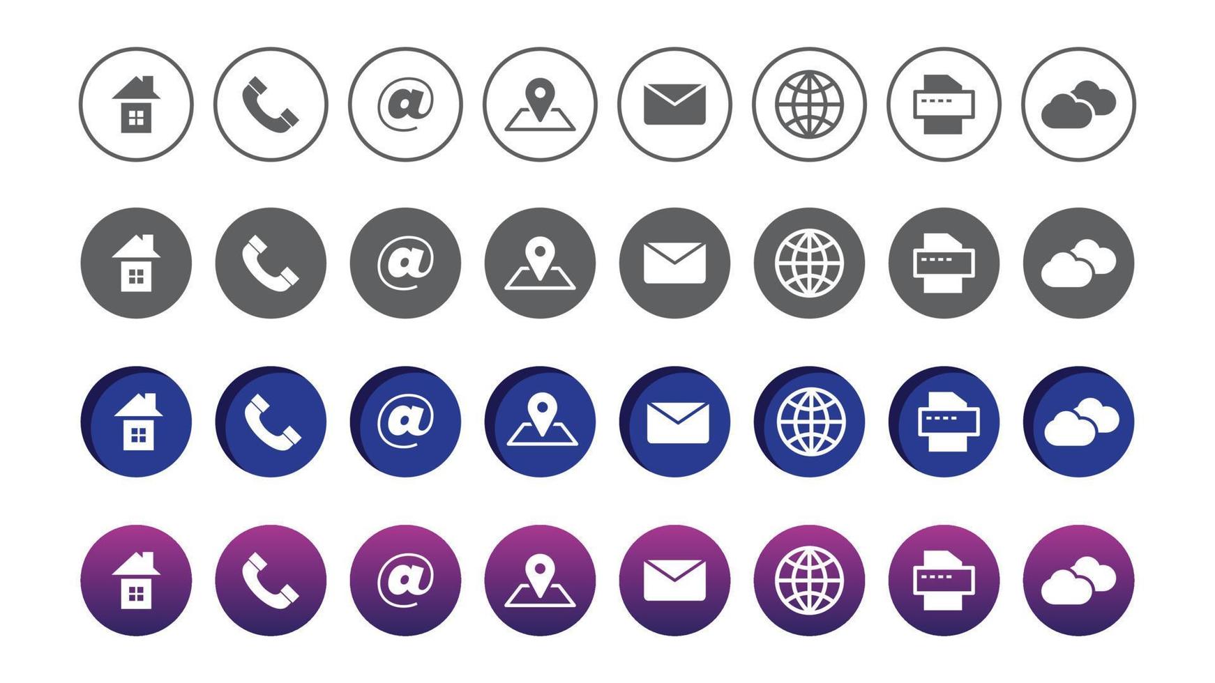 icônes de contact. collection de symboles de communication d'entreprise d'information. appeler l'emplacement Internet, l'adresse, le pack d'icônes de messagerie vecteur