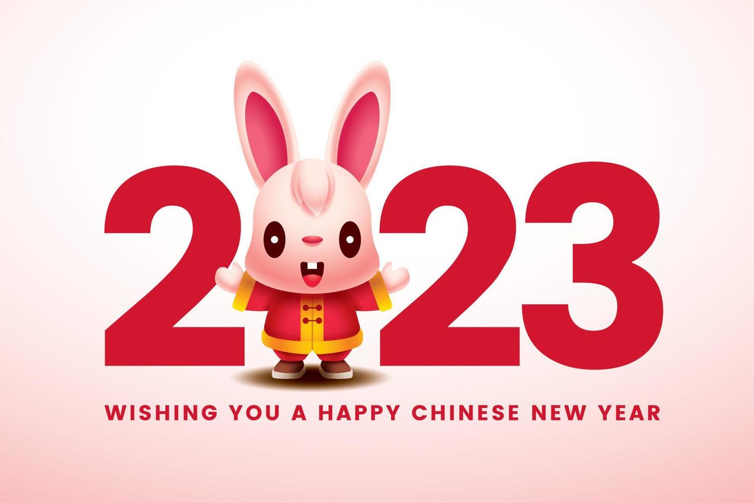 joyeux nouvel an chinois 2023. dessin animé mignon lapin à longues oreilles portant un costume traditionnel avec un stand de main de salutation dans un grand signe de chiffres 2023. année du lapin. vecteur de caractère du zodiaque lapin