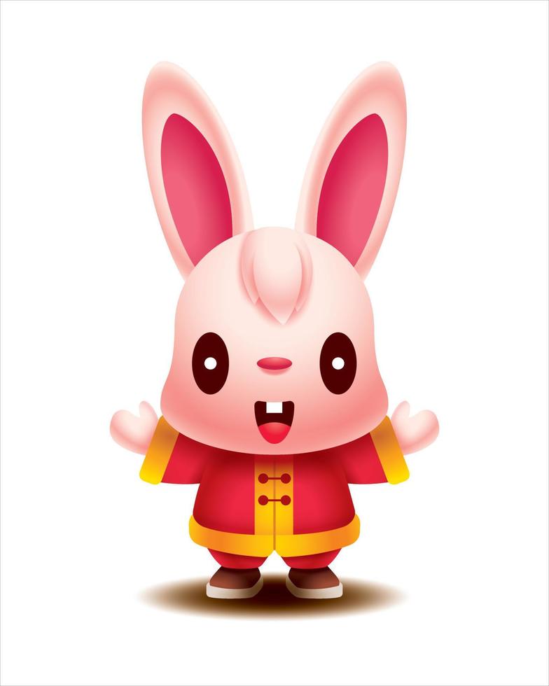 joyeux nouvel an chinois 2023. dessin animé mignon lapin à longues oreilles portant le costume traditionnel chinois avec la main de salutation. année du lapin. personnage de lapin de vecteur