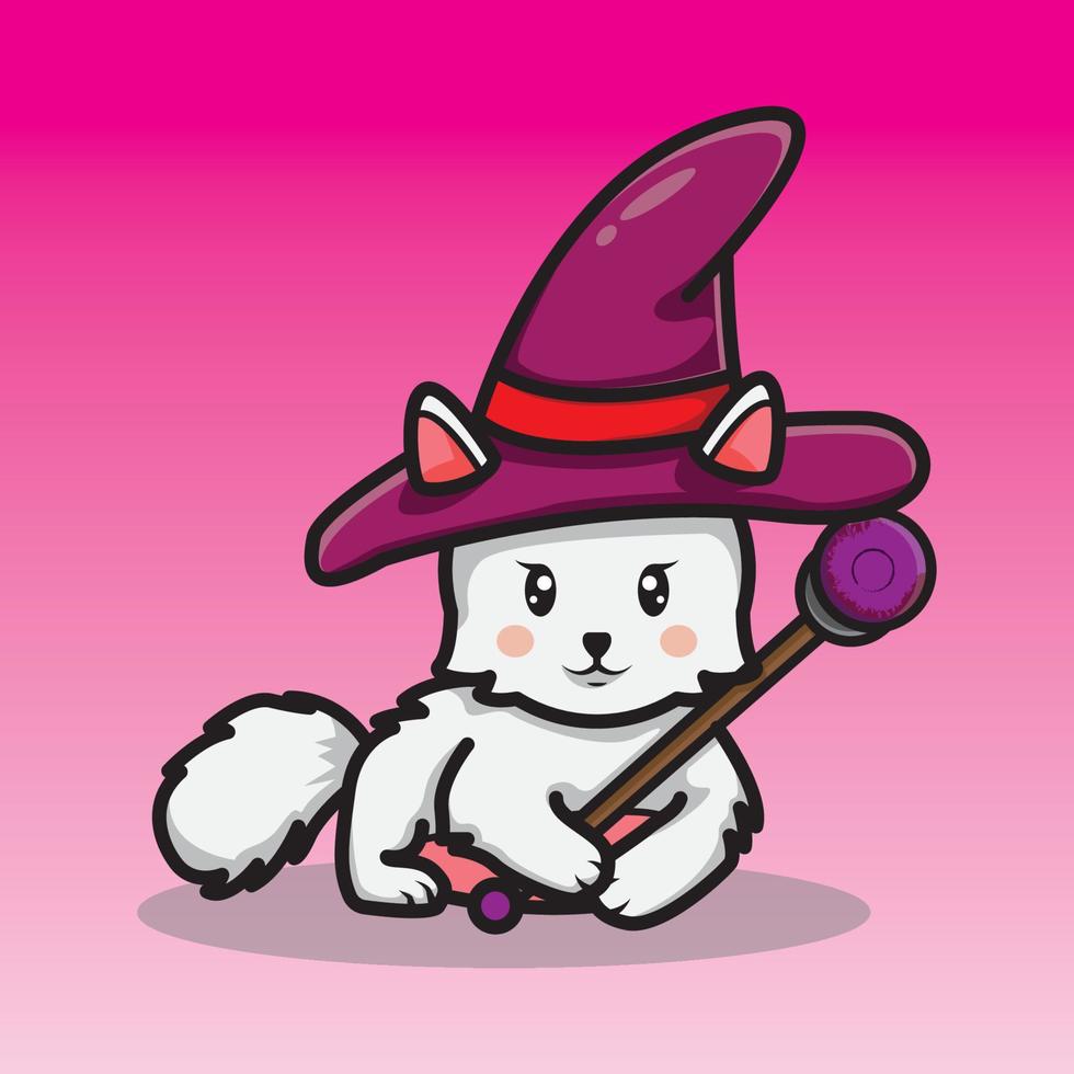 chat de sorcière mignon tenant une baguette magique le jour de l'halloween vecteur