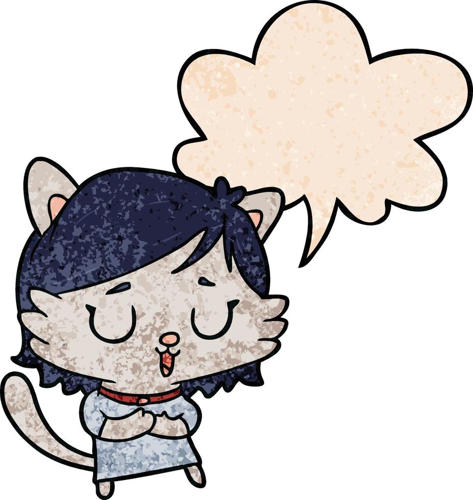 fille de chat de dessin animé et bulle de dialogue dans un style de texture rétro vecteur