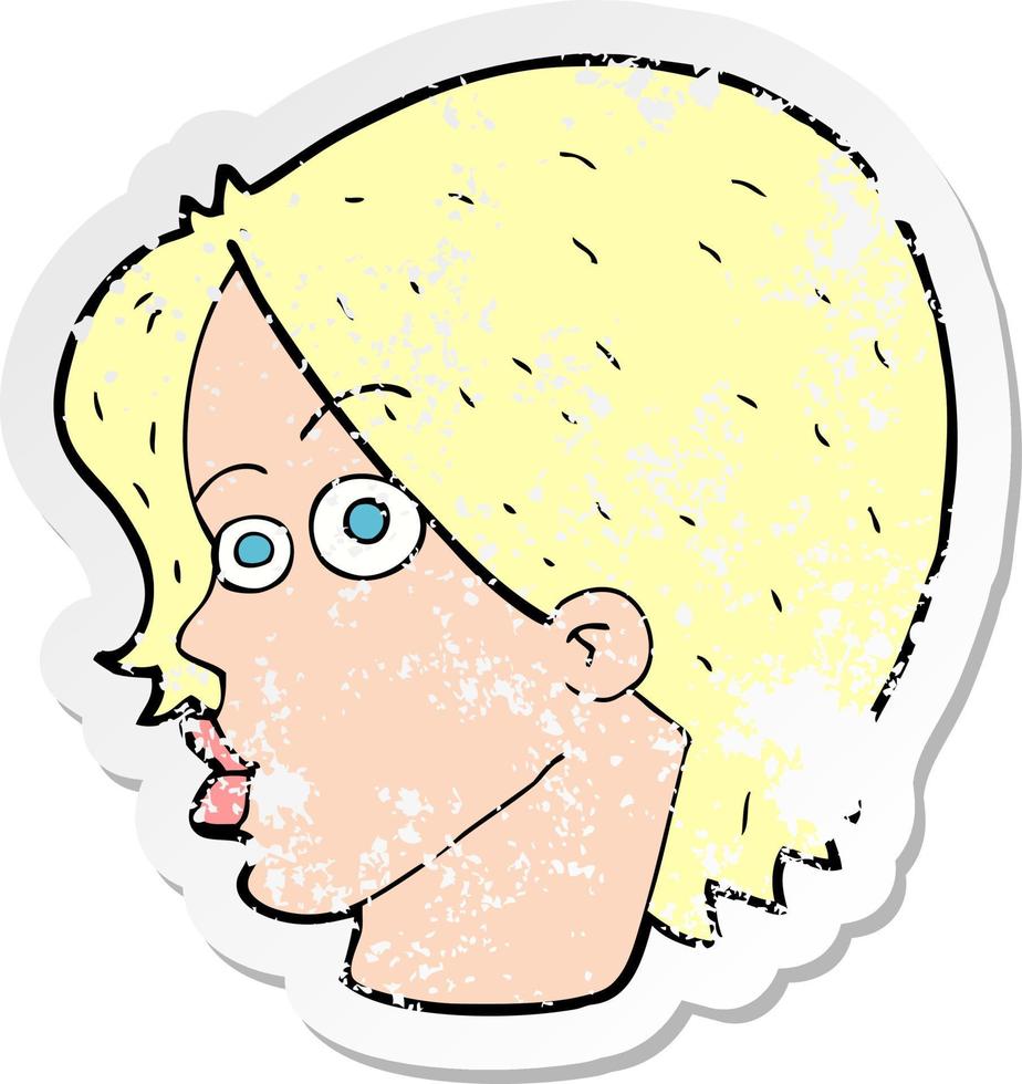autocollant rétro en détresse d'un visage féminin de dessin animé vecteur