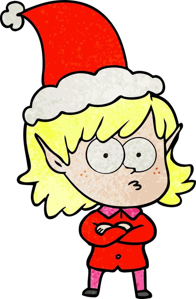 dessin animé texturé d'une fille elfe regardant fixement portant un bonnet de noel vecteur