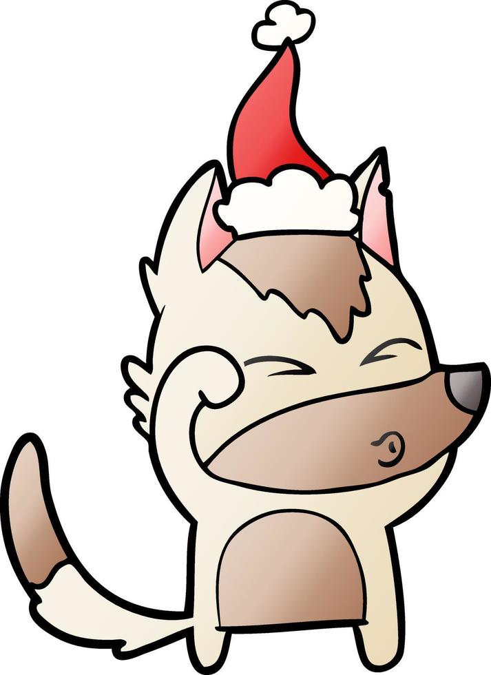 dessin animé dégradé d'un loup faisant la moue portant un bonnet de noel vecteur