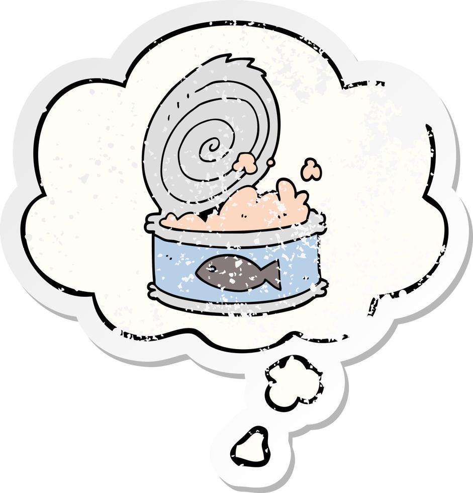 dessin animé de la nourriture en conserve et bulle de pensée comme un autocollant usé en détresse vecteur