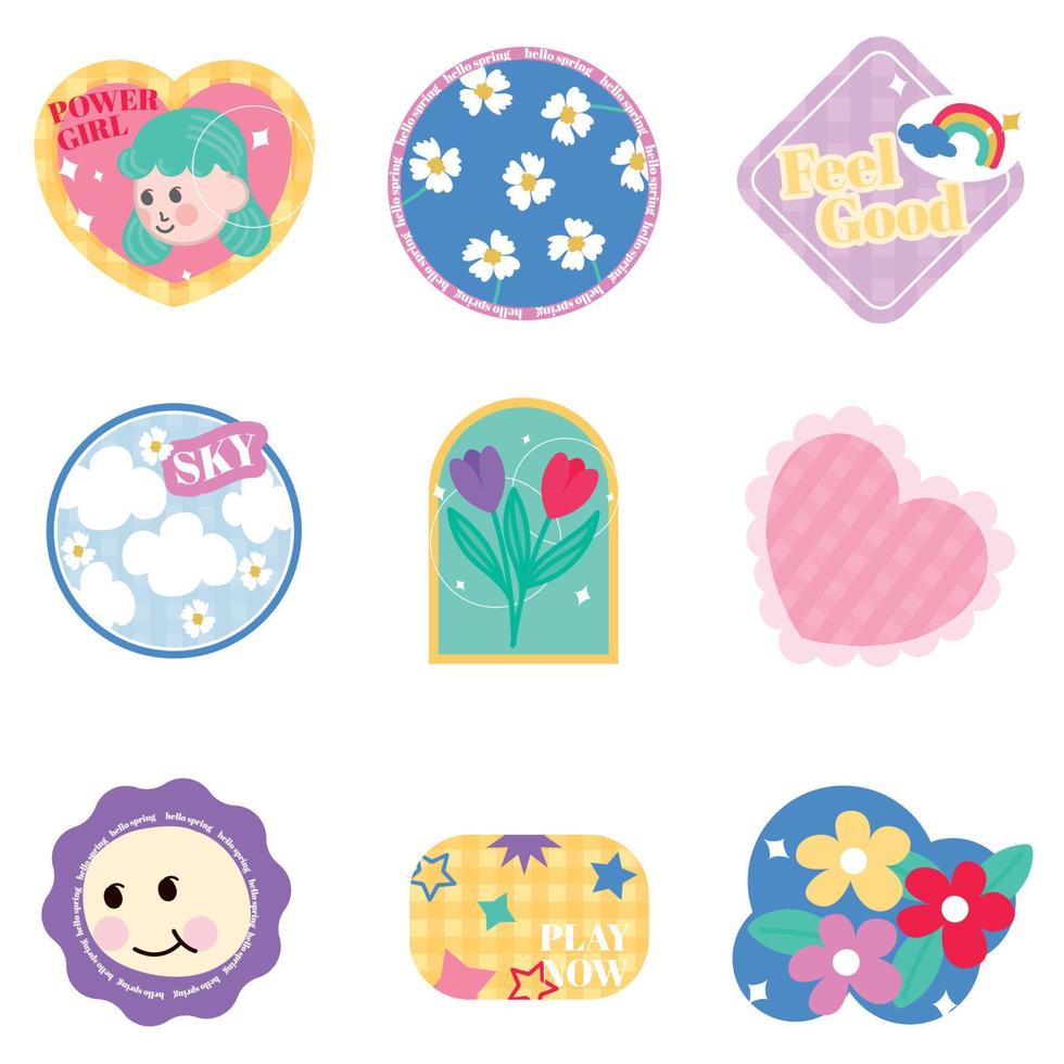 ensemble de patchs de printemps badges colorés mignons vecteur de conception d'icônes de dessin animé amusant