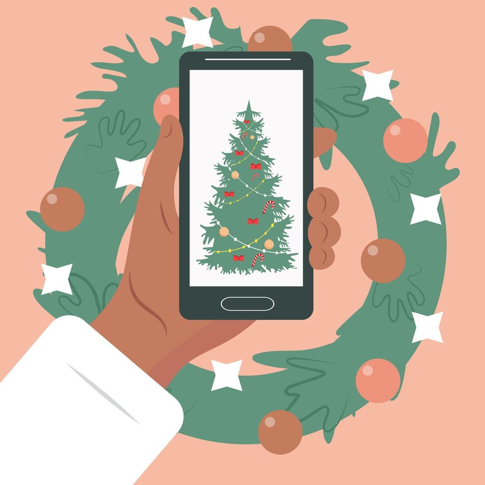 nouvel an ou noël. smartphone ou tablette, espace pour le texte. décorations de Noël . illustration vectorielle. vecteur