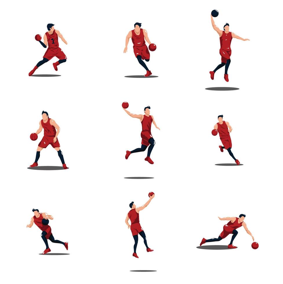 Ensemble d'illustrations de dessin animé d'homme jouant au jeu de basket-ball - ensemble d'illustrations de joueur de basket-ball isolé sur blanc vecteur