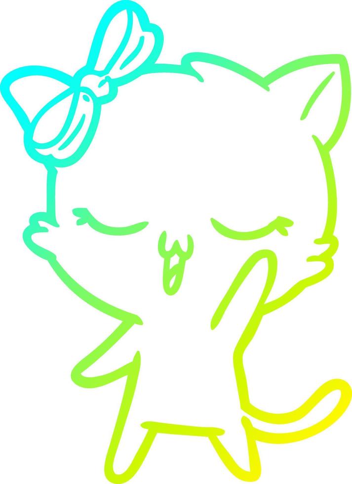 ligne de gradient froid dessinant un chat de dessin animé avec un arc sur la tête en agitant vecteur