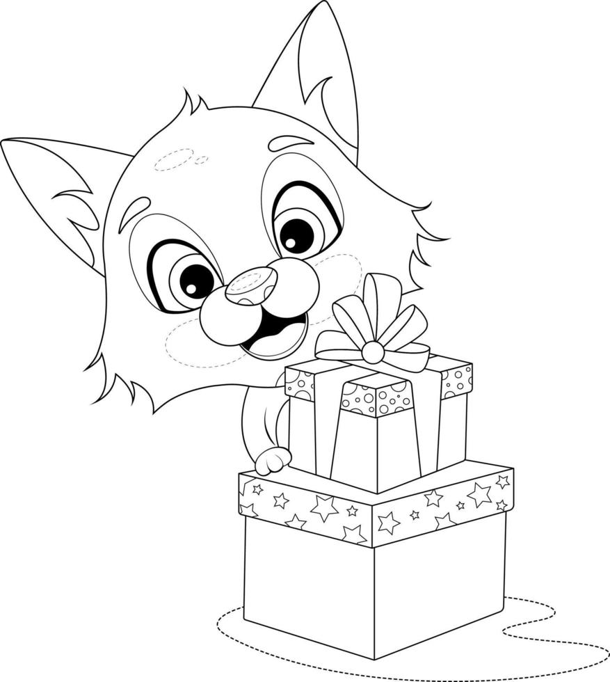 coloriage. joyeux dessin animé petit renard près des coffrets cadeaux vecteur