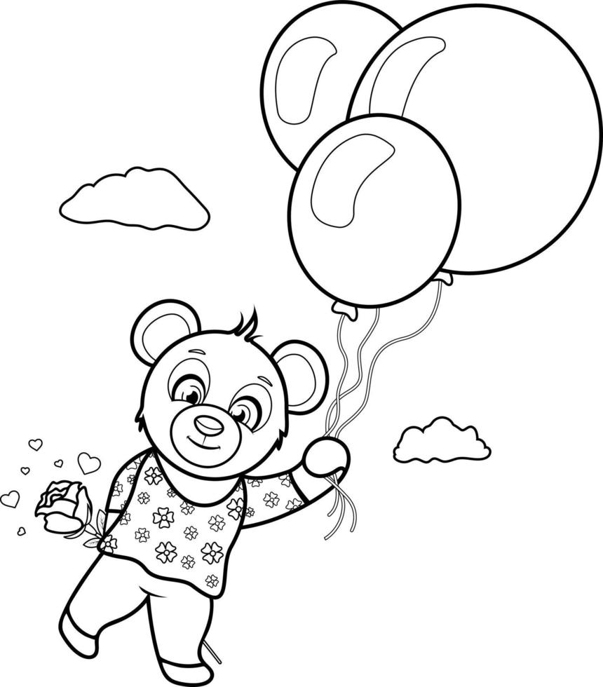 coloriage. ours mignon tenant une rose et volant avec des ballons dans le ciel vecteur