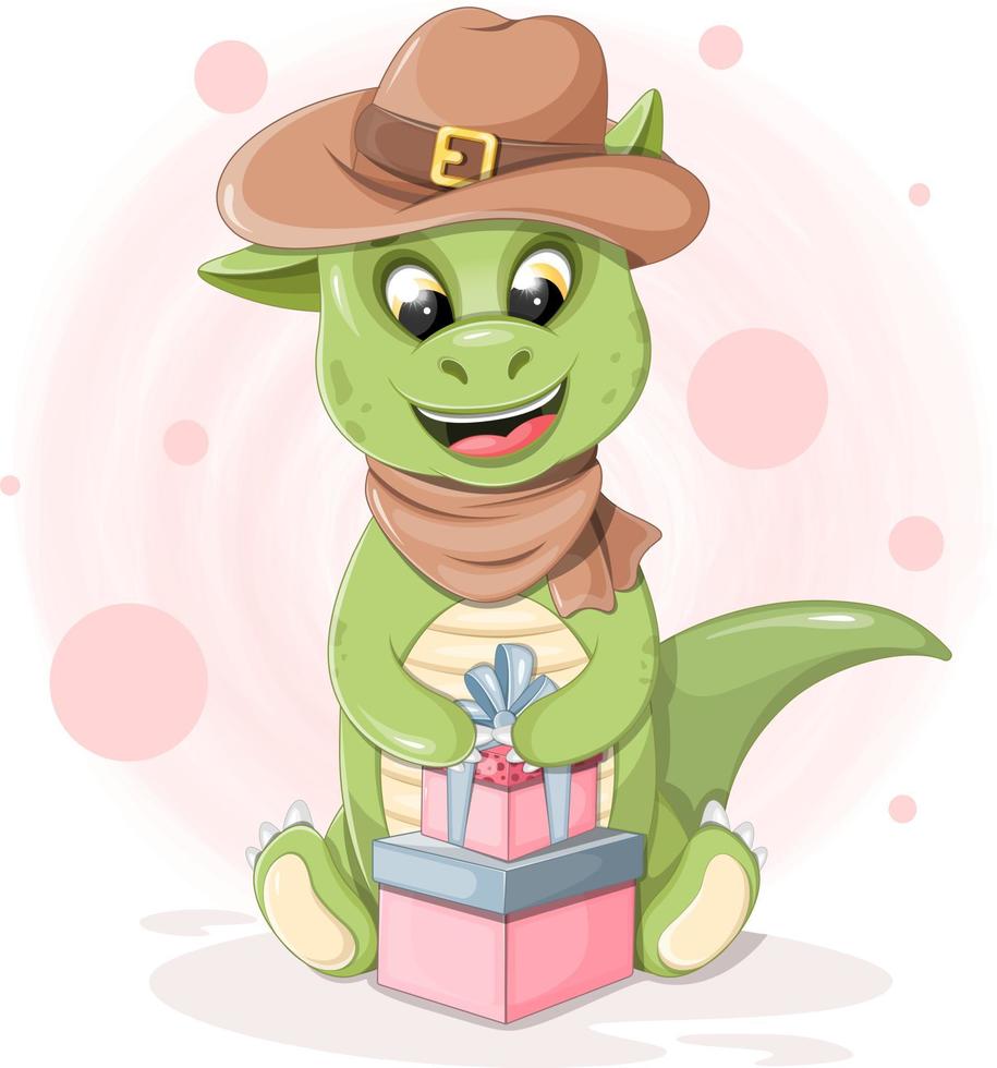 dinosaure de dessin animé mignon avec des cadeaux vecteur