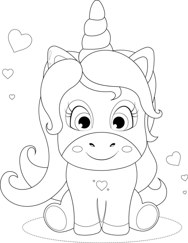 coloriage. belle petite licorne avec des coeurs vecteur