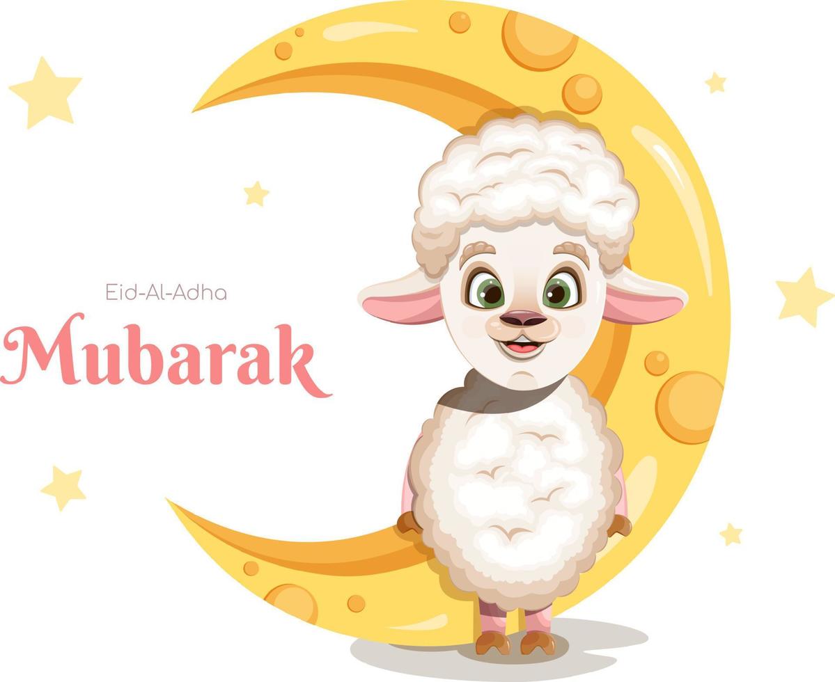 carte postale eid-al-adha mubarak avec des moutons et une lune de dessin animé joyeux vecteur