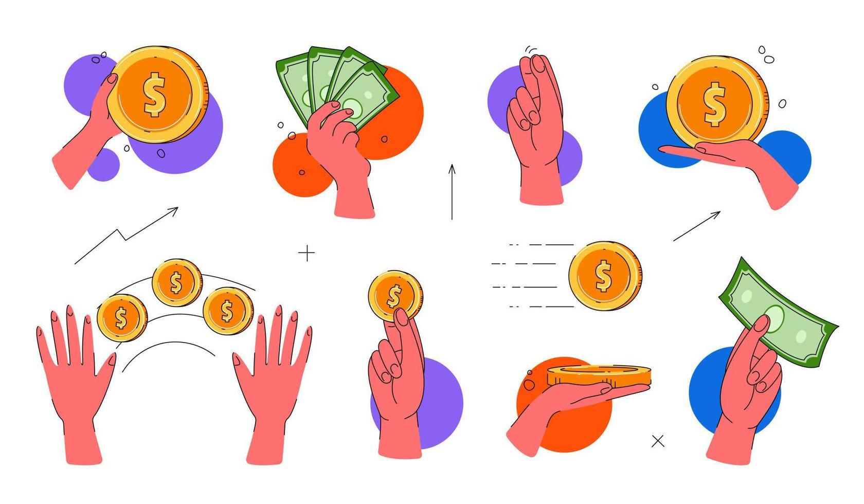 ensemble d'illustrations financières. signer la main tenant des pièces de monnaie. transfert d'argent, recevoir, conserver le concept. illustration plate de vecteur. vecteur