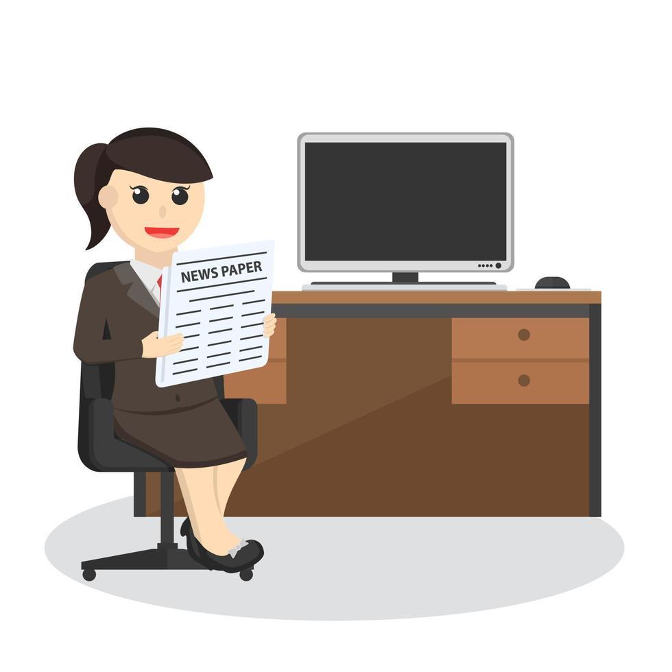 secrétaire de femme d'affaires lisant le journal sur le personnage de conception de chaise de bureau sur fond blanc vecteur