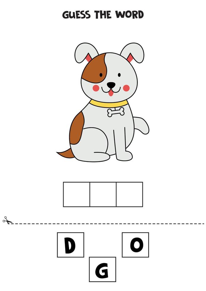 jeu d'orthographe pour les enfants d'âge préscolaire. chien de dessin animé. vecteur