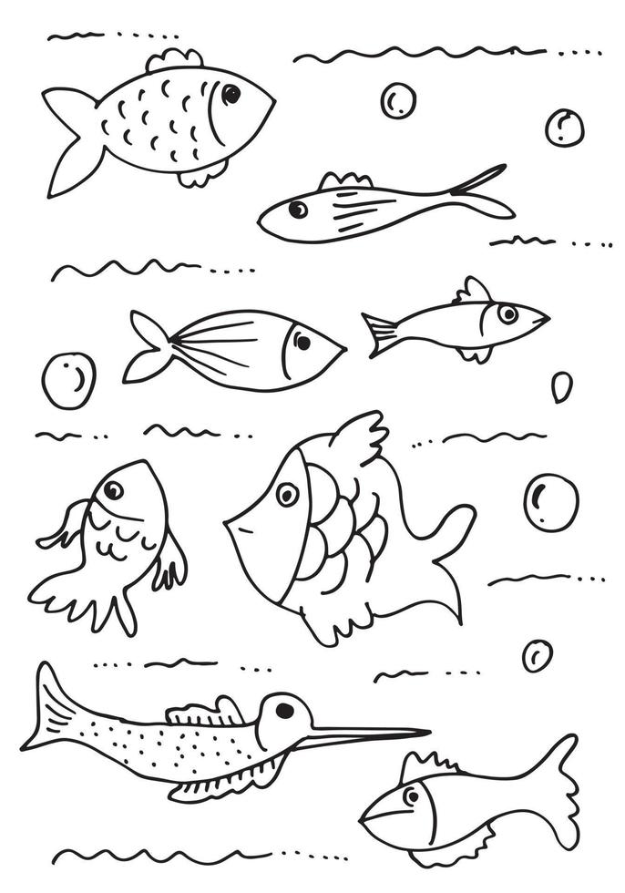 collection de poissons de dessin animé sous-marin dessinés à la main. illustration vectorielle de poissons isolés sur fond blanc.doodles. dessin vectoriel. vecteur