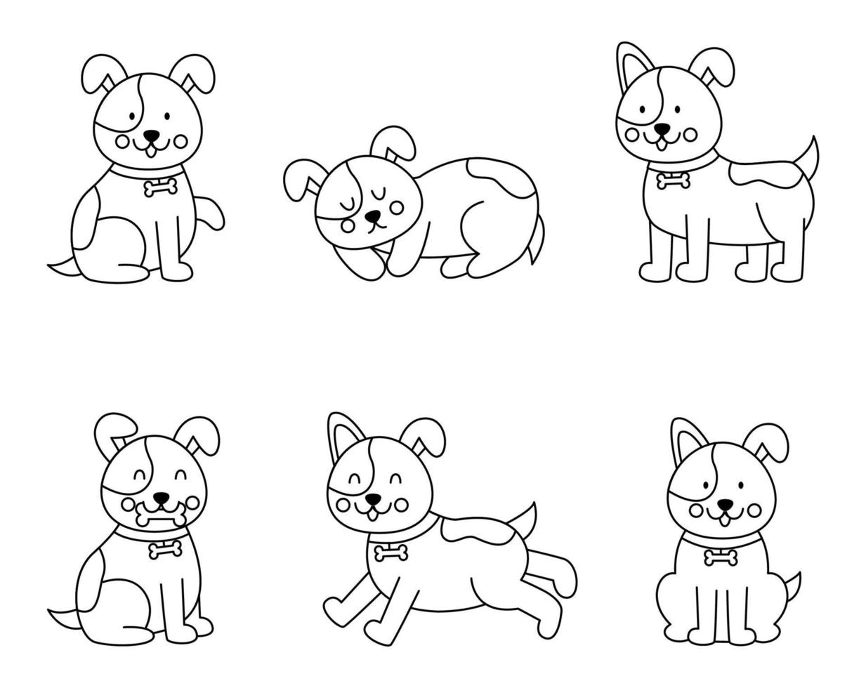 ensemble de chiens mignons en style cartoon. page de coloriage pour les enfants. vecteur