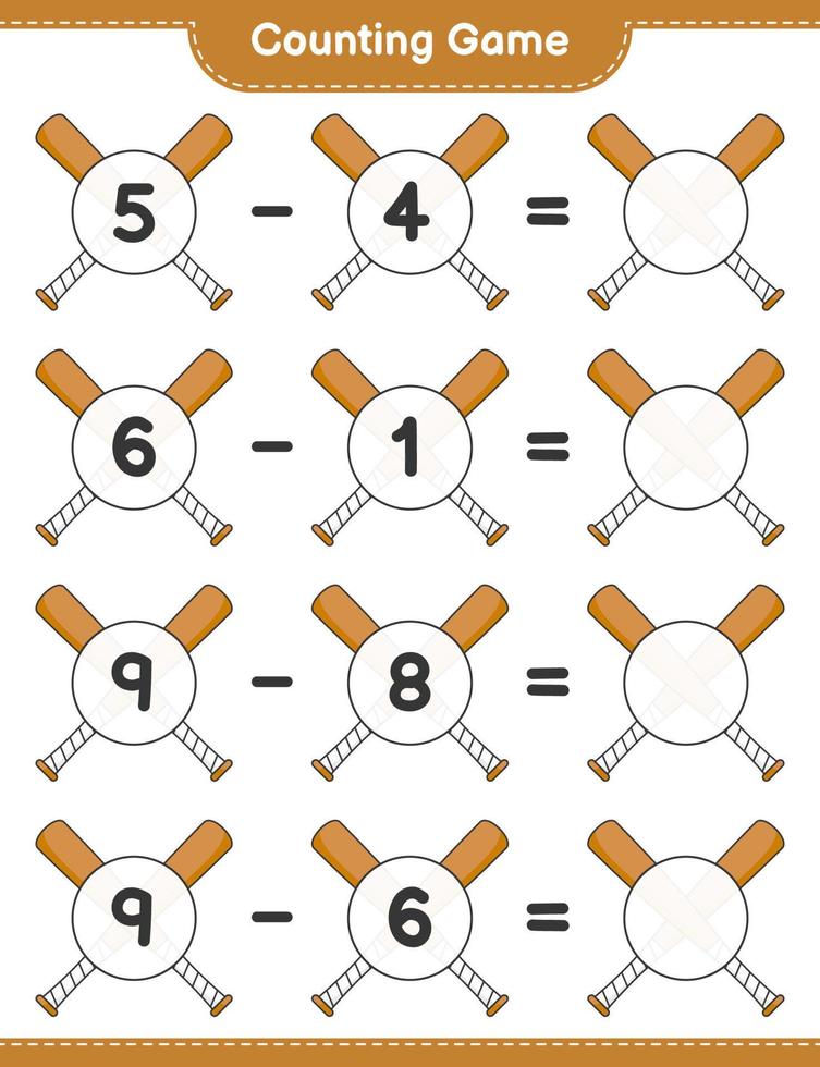 compter et faire correspondre, compter le nombre de battes de baseball et faire correspondre les bons numéros. jeu éducatif pour enfants, feuille de calcul imprimable, illustration vectorielle vecteur