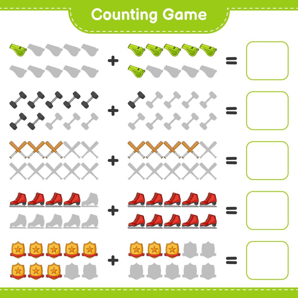 compter et faire correspondre, compter le nombre de patins à glace, sifflet, haltère, batte de baseball, trophée et match avec les bons numéros. jeu éducatif pour enfants, feuille de calcul imprimable, illustration vectorielle vecteur