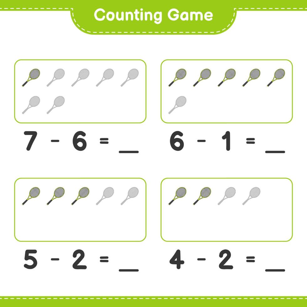 compter et faire correspondre, compter le nombre de raquettes de tennis et faire correspondre les bons numéros. jeu éducatif pour enfants, feuille de calcul imprimable, illustration vectorielle vecteur