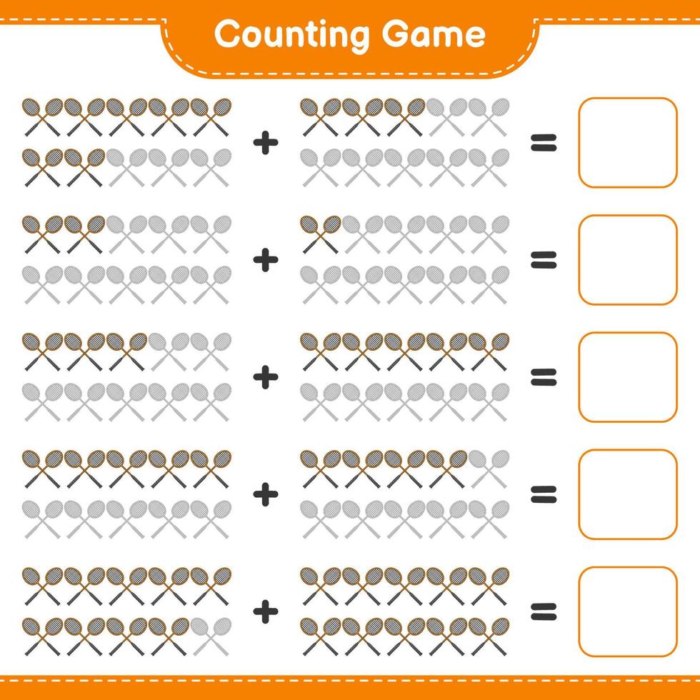 compter et faire correspondre, compter le nombre de raquettes de badminton et faire correspondre les bons numéros. jeu éducatif pour enfants, feuille de calcul imprimable, illustration vectorielle vecteur