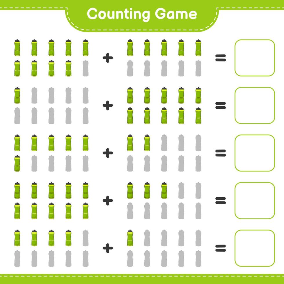 comptez et faites correspondre, comptez le nombre de bouteilles d'eau de sport et faites correspondre les bons numéros. jeu éducatif pour enfants, feuille de calcul imprimable, illustration vectorielle vecteur