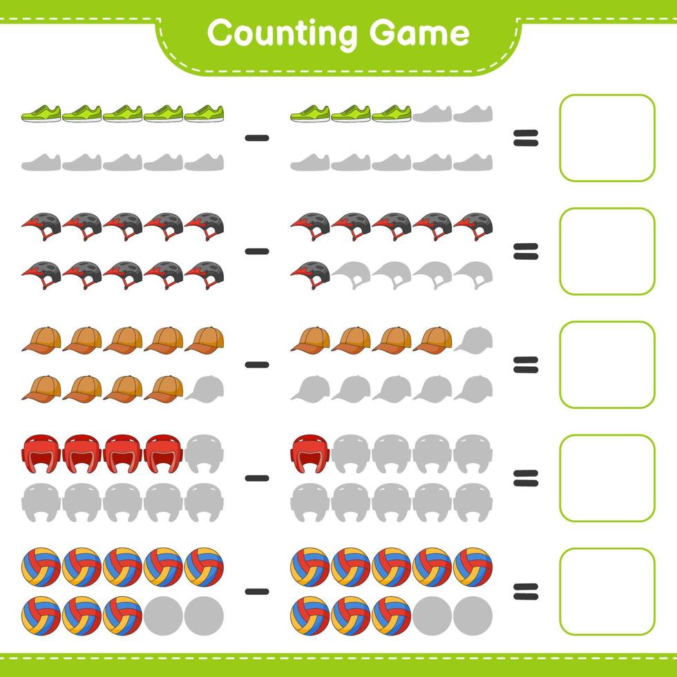 comptez et faites correspondre, comptez le nombre de casques de vélo, de gants de boxe, de casquettes, de volley-ball, de baskets et faites correspondre les bons numéros. jeu éducatif pour enfants, feuille de calcul imprimable, illustration vectorielle vecteur