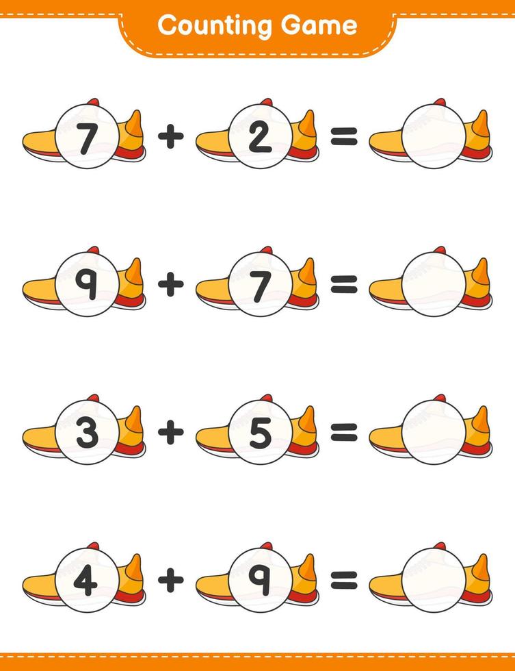 compter et faire correspondre, compter le nombre de chaussures de course et faire correspondre les bons numéros. jeu éducatif pour enfants, feuille de calcul imprimable, illustration vectorielle vecteur