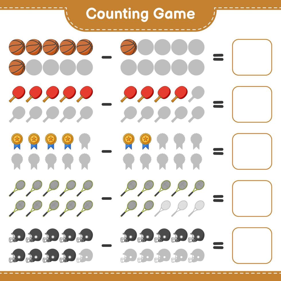 comptez et faites correspondre, comptez le nombre de raquettes de ping-pong, de basket-ball, de trophée, de casque de football, de raquette de tennis et faites correspondre les bons numéros. jeu éducatif pour enfants, feuille de calcul imprimable vecteur