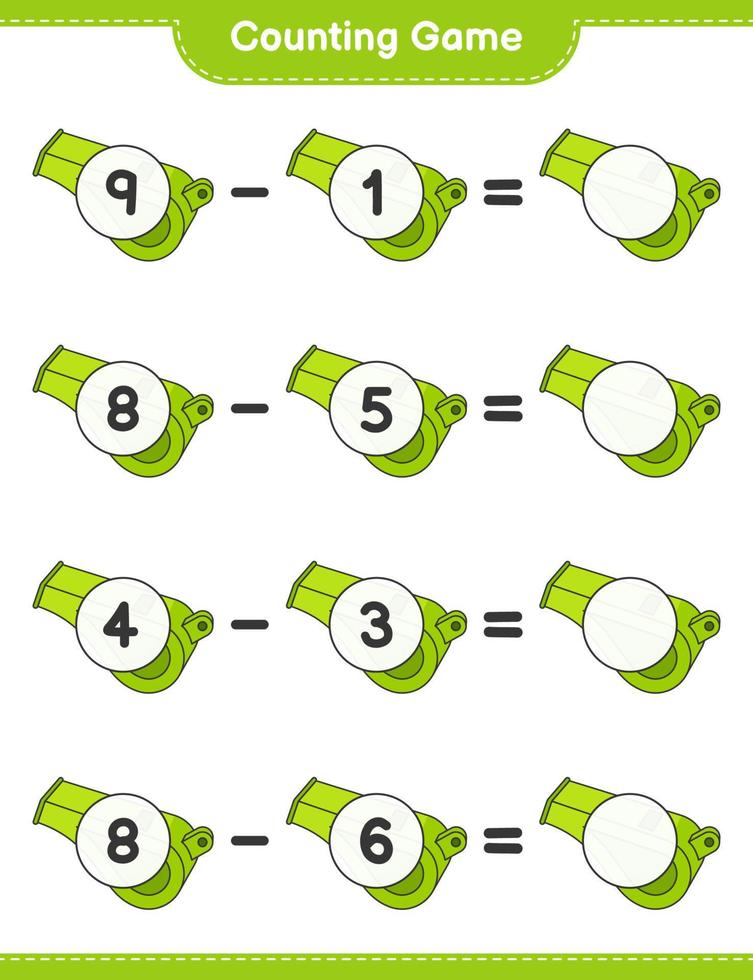 comptez et faites correspondre, comptez le nombre de coups de sifflet et faites correspondre les bons numéros. jeu éducatif pour enfants, feuille de calcul imprimable, illustration vectorielle vecteur