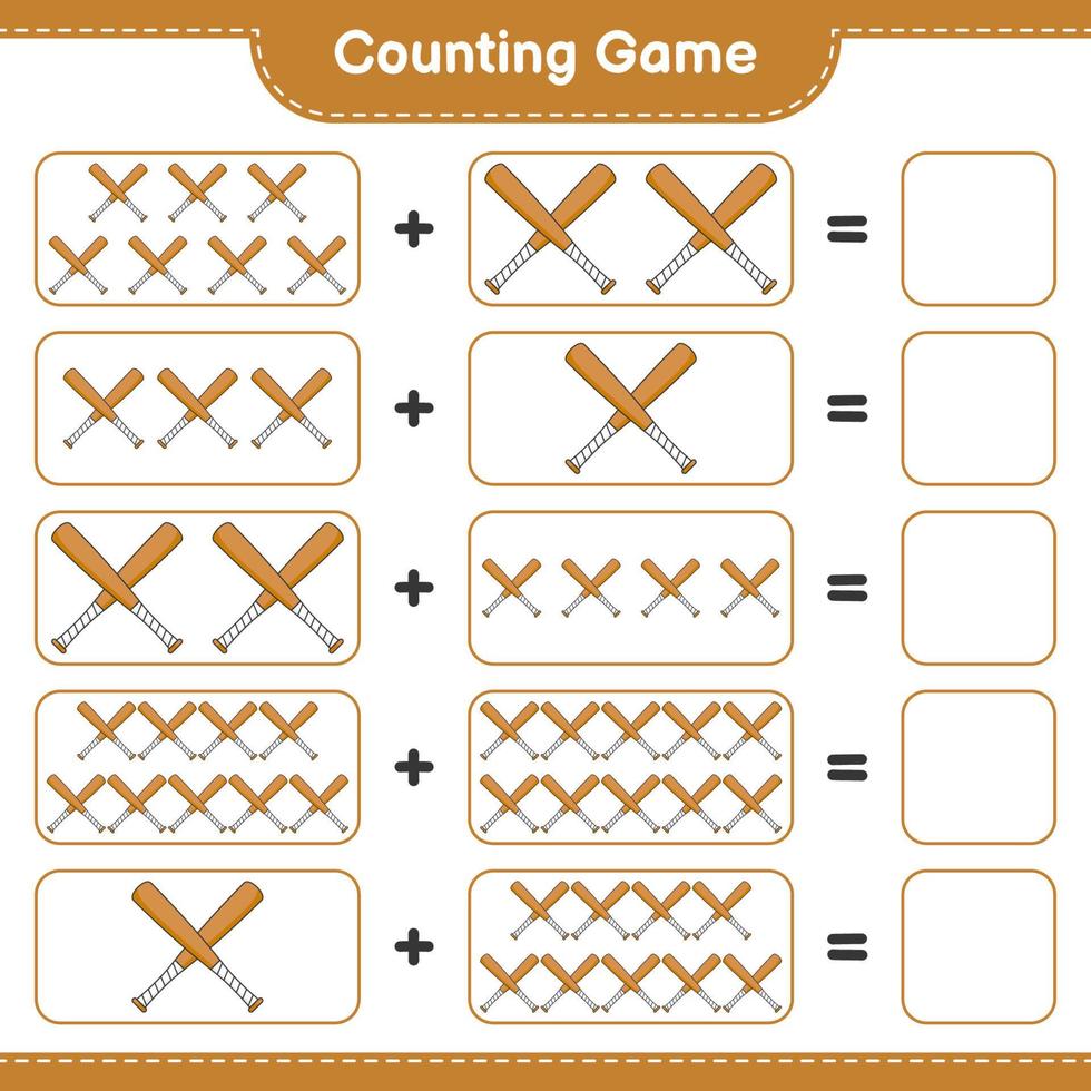 compter et faire correspondre, compter le nombre de battes de baseball et faire correspondre les bons numéros. jeu éducatif pour enfants, feuille de calcul imprimable, illustration vectorielle vecteur