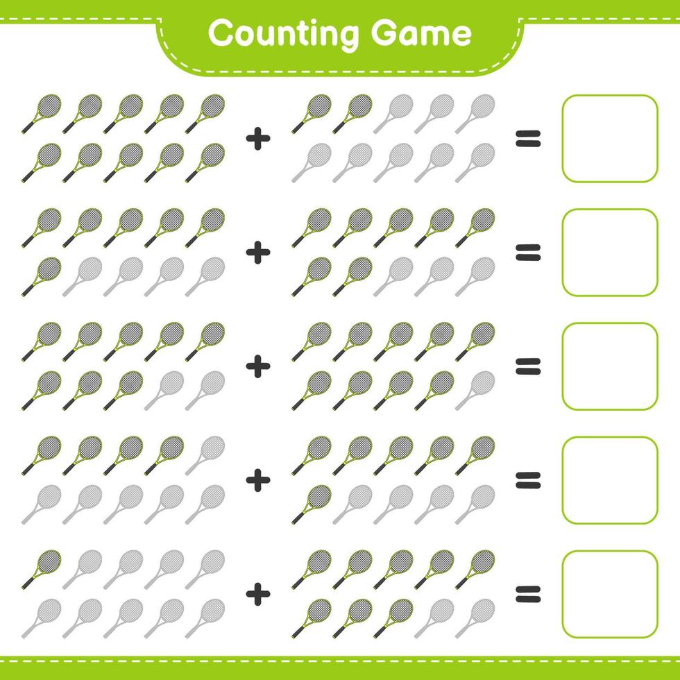 compter et faire correspondre, compter le nombre de raquettes de tennis et faire correspondre les bons numéros. jeu éducatif pour enfants, feuille de calcul imprimable, illustration vectorielle vecteur