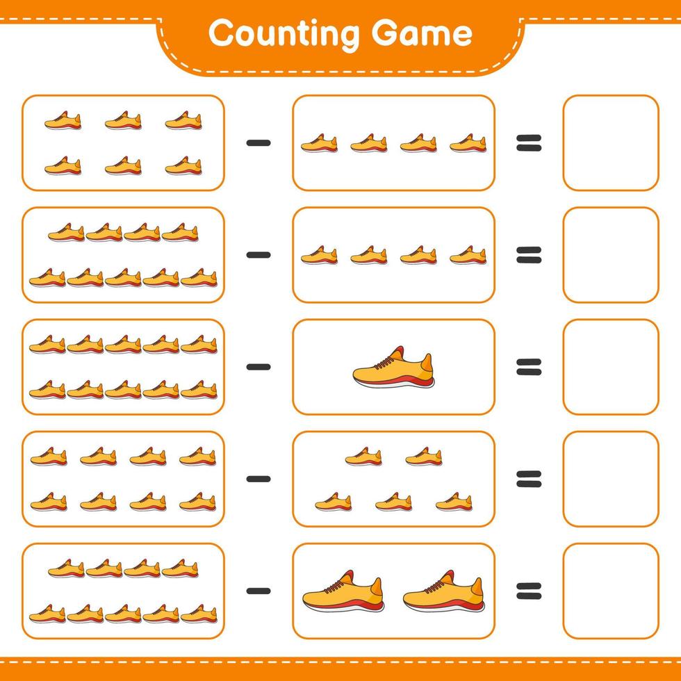 compter et faire correspondre, compter le nombre de chaussures de course et faire correspondre les bons numéros. jeu éducatif pour enfants, feuille de calcul imprimable, illustration vectorielle vecteur