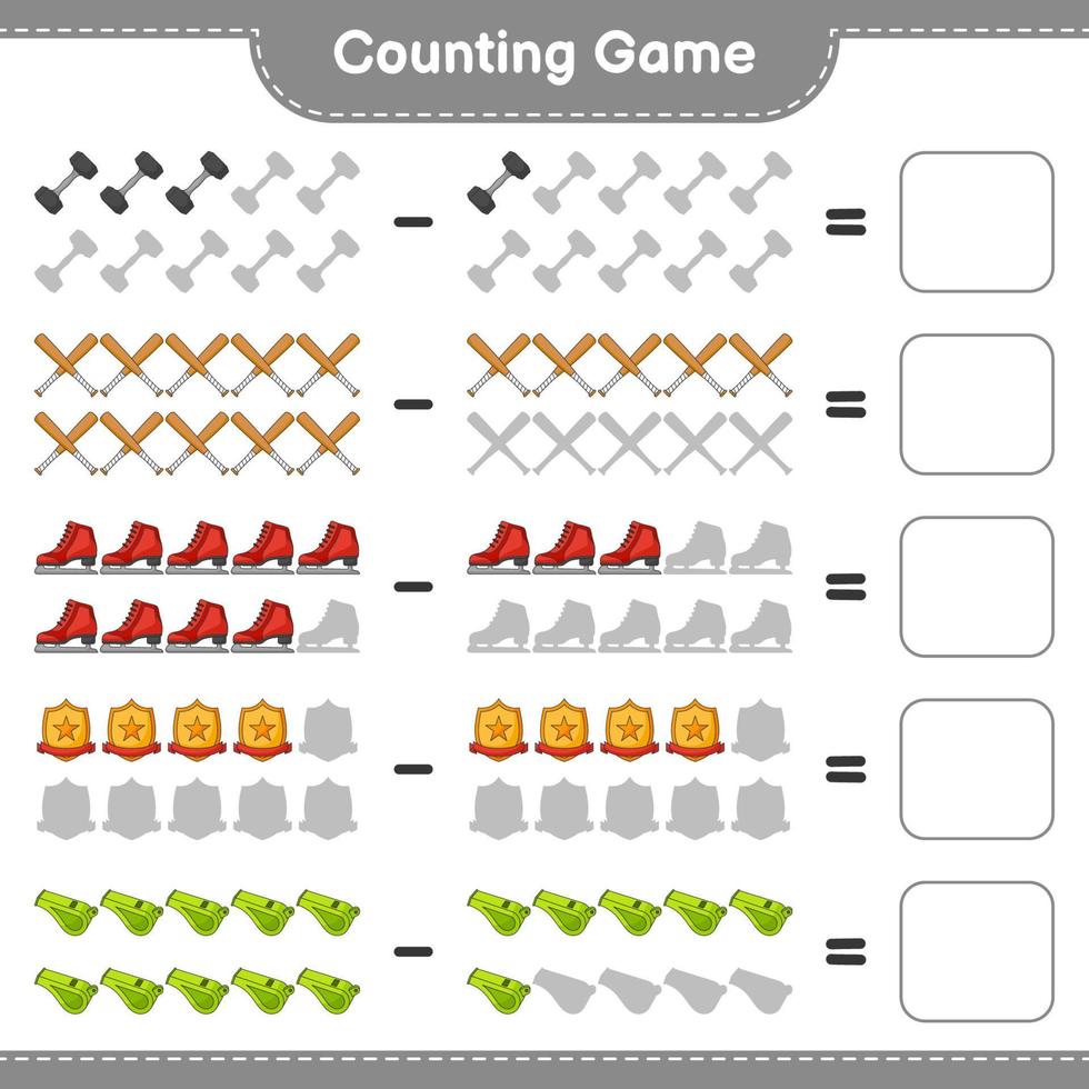 compter et faire correspondre, compter le nombre de patins à glace, sifflet, haltère, batte de baseball, trophée et match avec les bons numéros. jeu éducatif pour enfants, feuille de calcul imprimable, illustration vectorielle vecteur