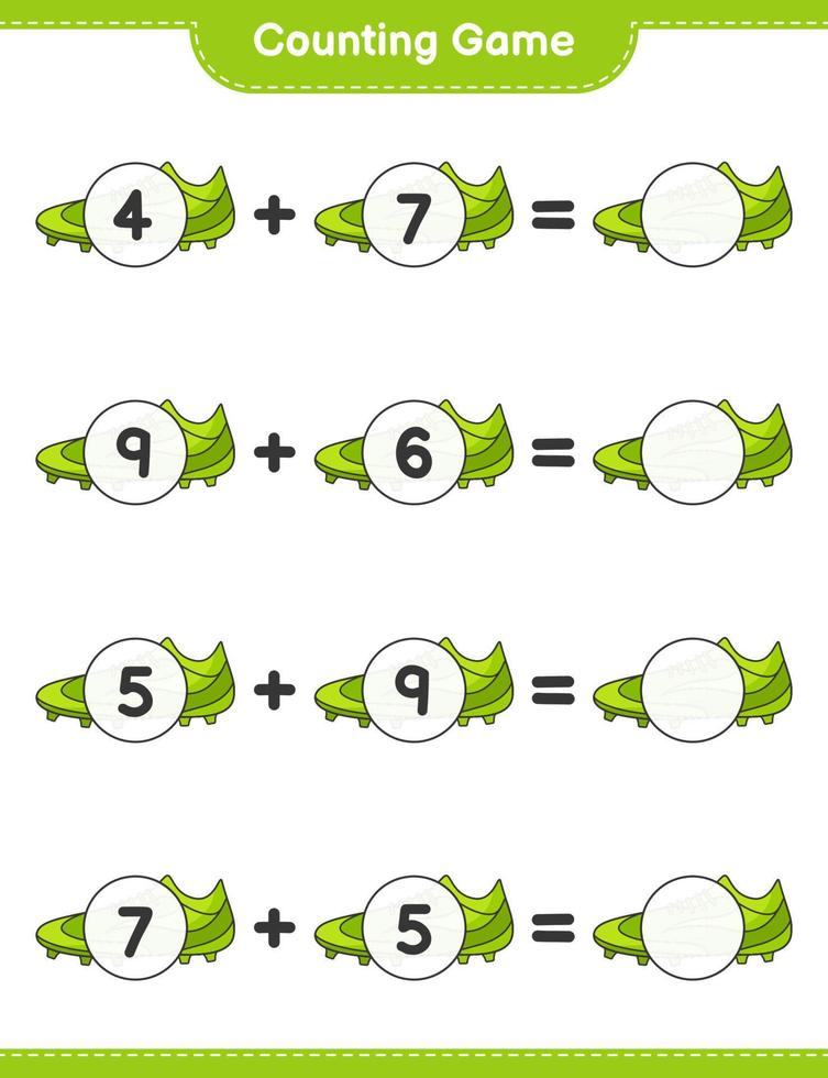 compter et faire correspondre, compter le nombre de chaussures de football et faire correspondre les bons numéros. jeu éducatif pour enfants, feuille de calcul imprimable, illustration vectorielle vecteur