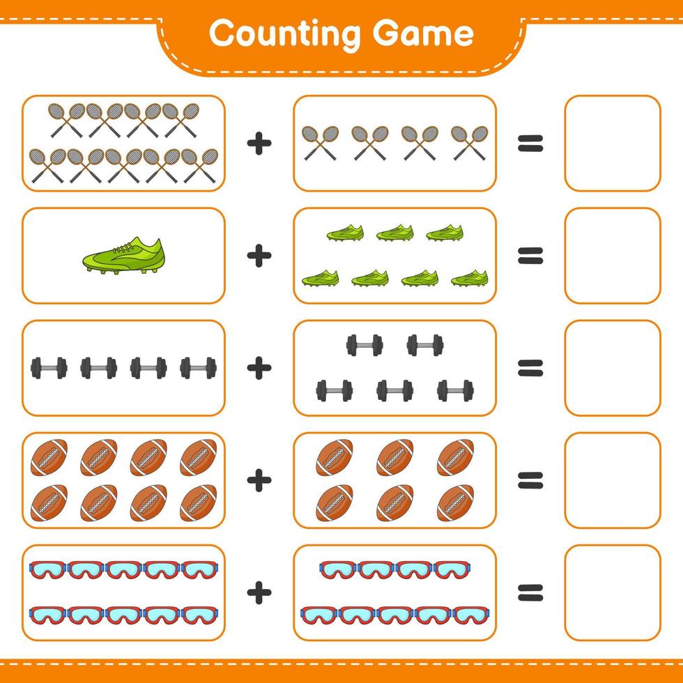 comptez et faites correspondre, comptez le nombre de raquettes de badminton, d'haltères, de ballons de rugby, de lunettes, de chaussures de football et faites correspondre les bons chiffres. jeu éducatif pour enfants, feuille de calcul imprimable, illustration vectorielle vecteur