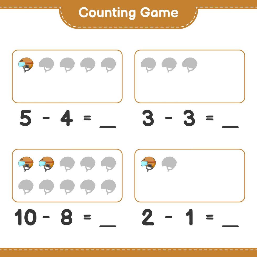 compter et faire correspondre, compter le nombre de casques de hockey et faire correspondre les bons numéros. jeu éducatif pour enfants, feuille de calcul imprimable, illustration vectorielle vecteur