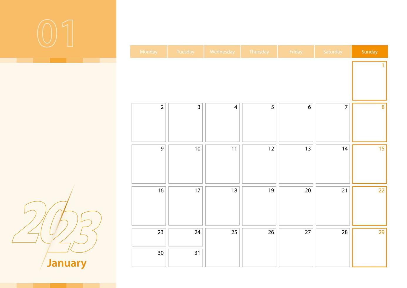 planificateur horizontal pour janvier 2023 dans la palette de couleurs orange. la semaine commence le lundi. un calendrier mural dans un style minimaliste. vecteur