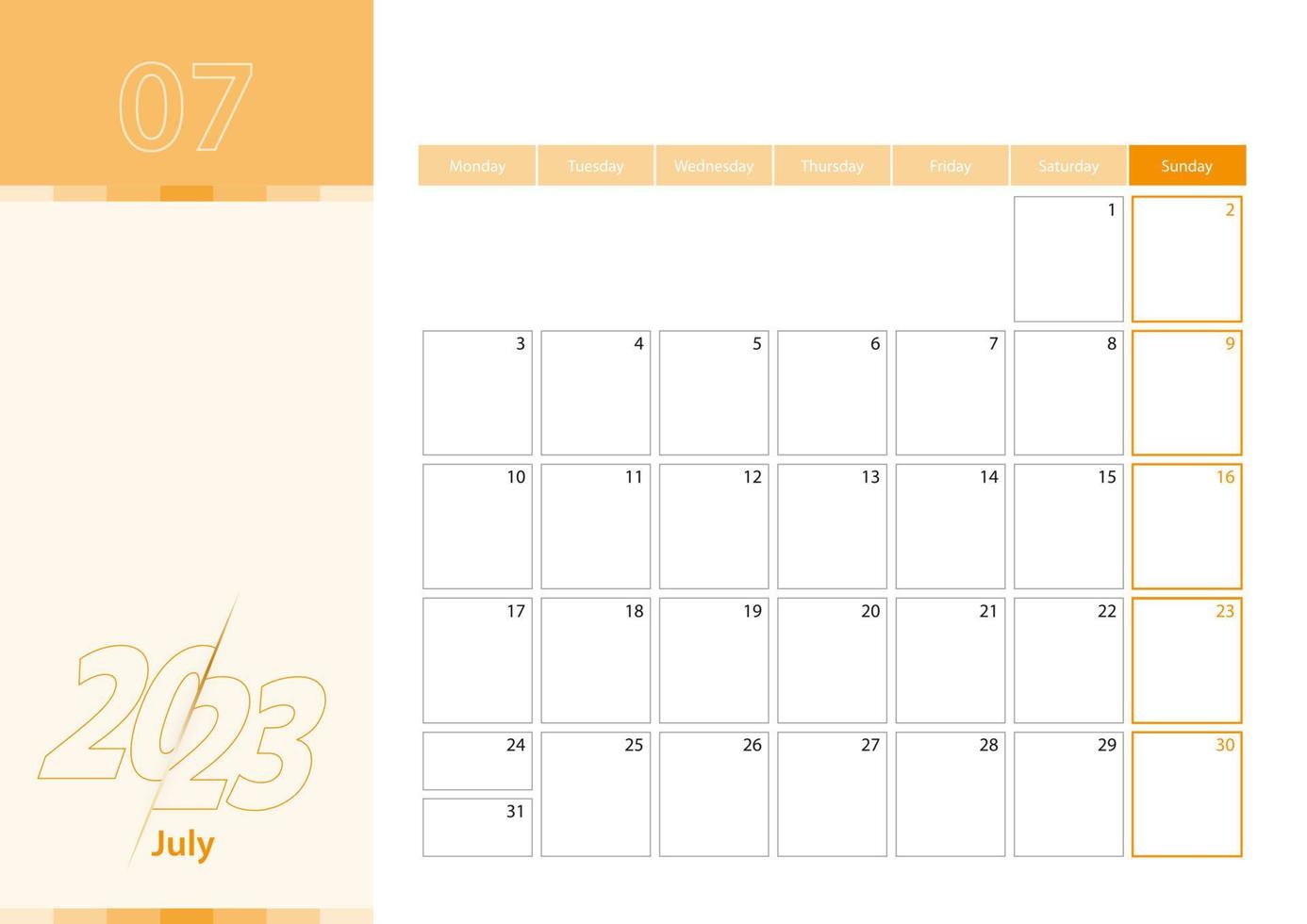 planificateur horizontal pour juillet 2023 dans la palette de couleurs orange. la semaine commence le lundi. un calendrier mural dans un style minimaliste. vecteur