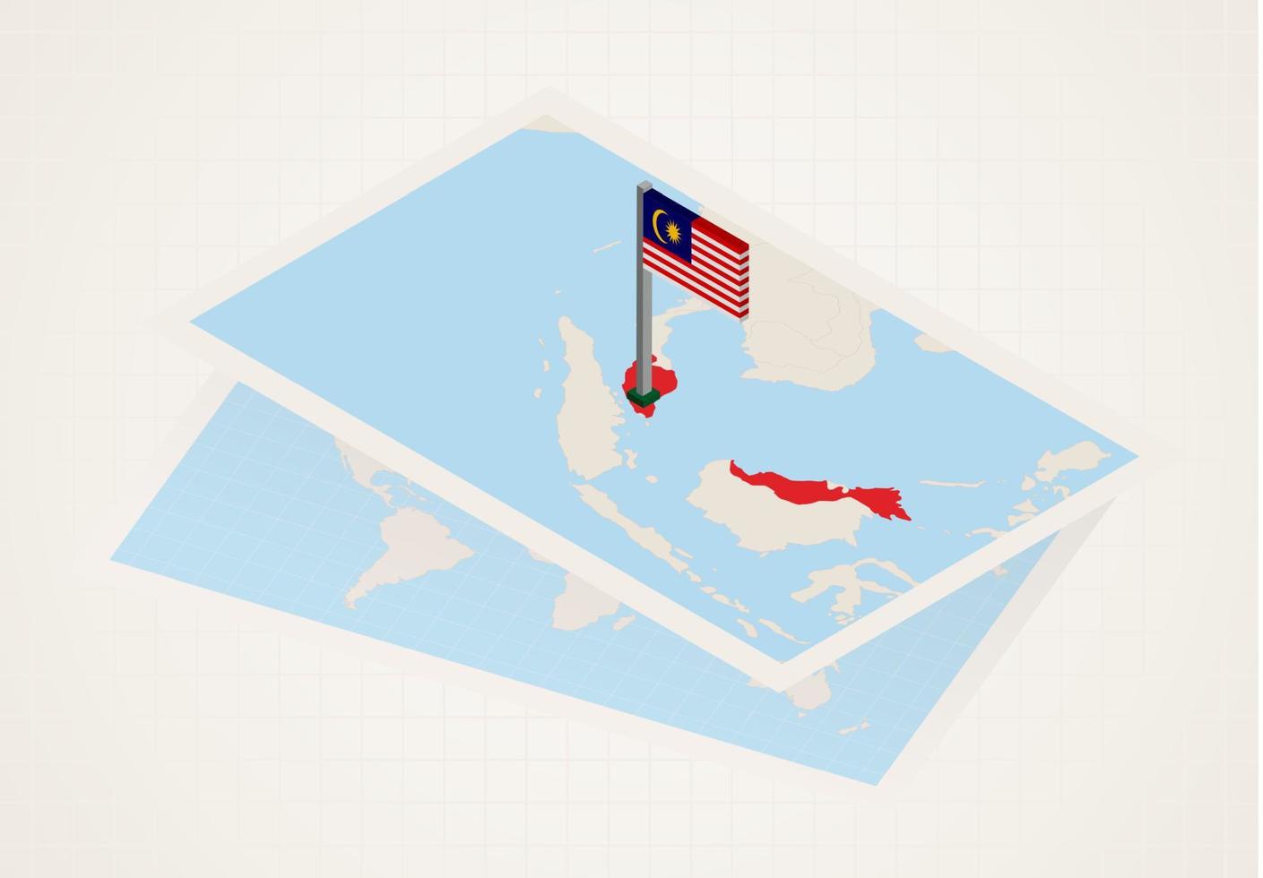 malaisie sélectionnée sur la carte avec le drapeau isométrique de la malaisie. vecteur