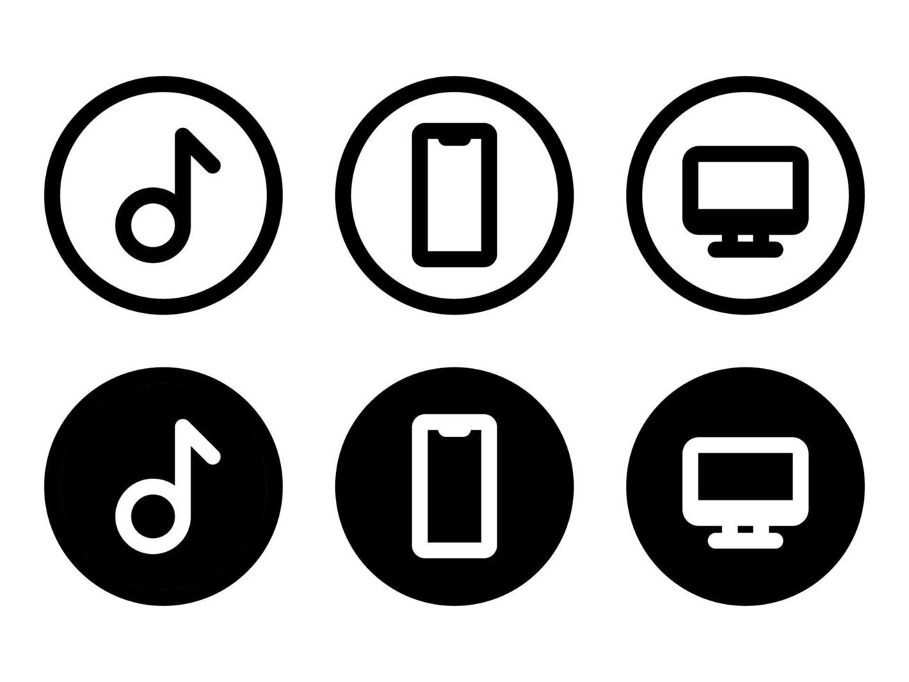 l'icône de la musique, du téléphone et de l'ordinateur dans les icônes de style moderne sont situées sur des arrière-plans blancs et noirs. le pack contient six icônes. vecteur