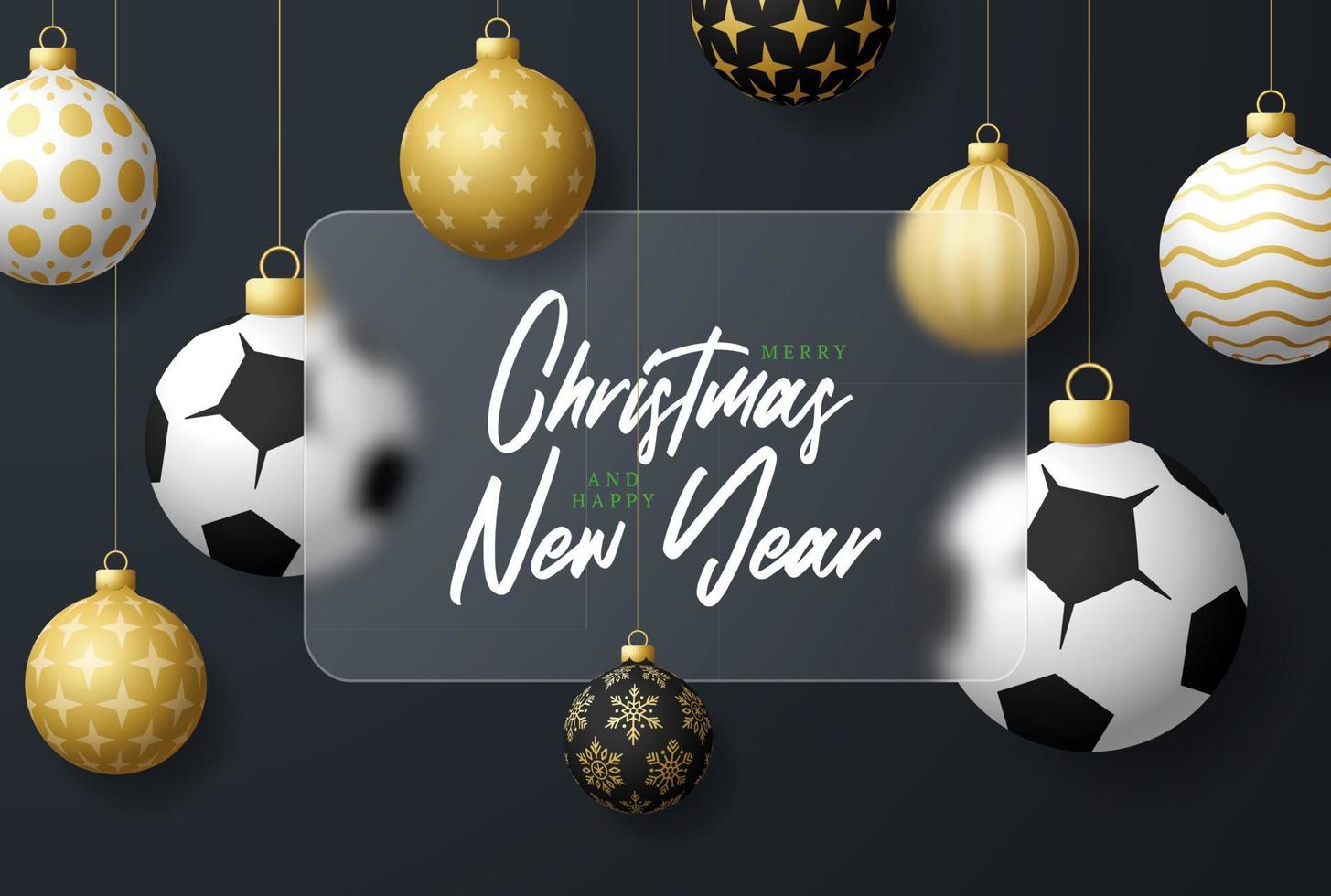 bannière ou carte de voeux de vente de noël de football ou de football. bannière de sport joyeux noël et bonne année avec effet de flou de morphisme de verre ou de morphisme de verre. illustration vectorielle réaliste vecteur