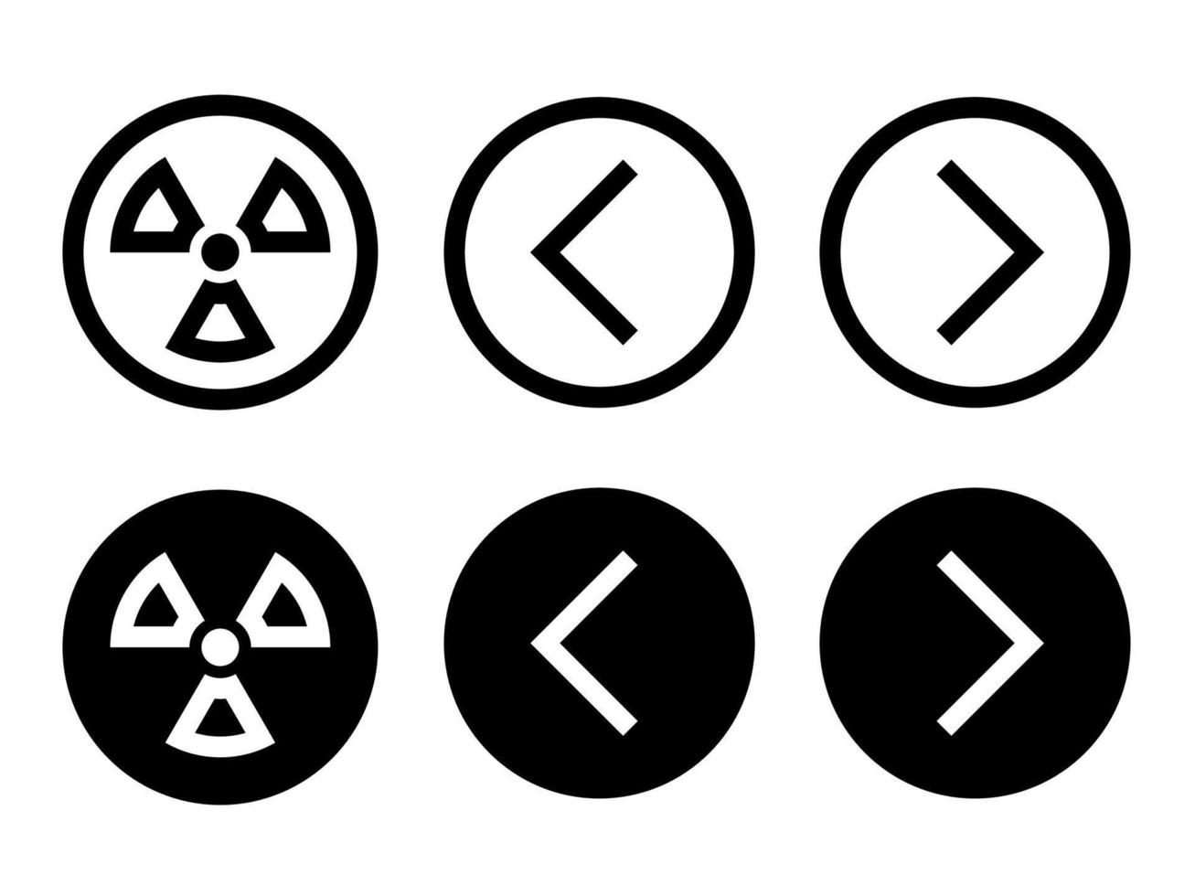 l'icône de rayonnement nucléaire et de flèches dans les icônes de style moderne sont situées sur des arrière-plans blancs et noirs. le pack contient six icônes. vecteur