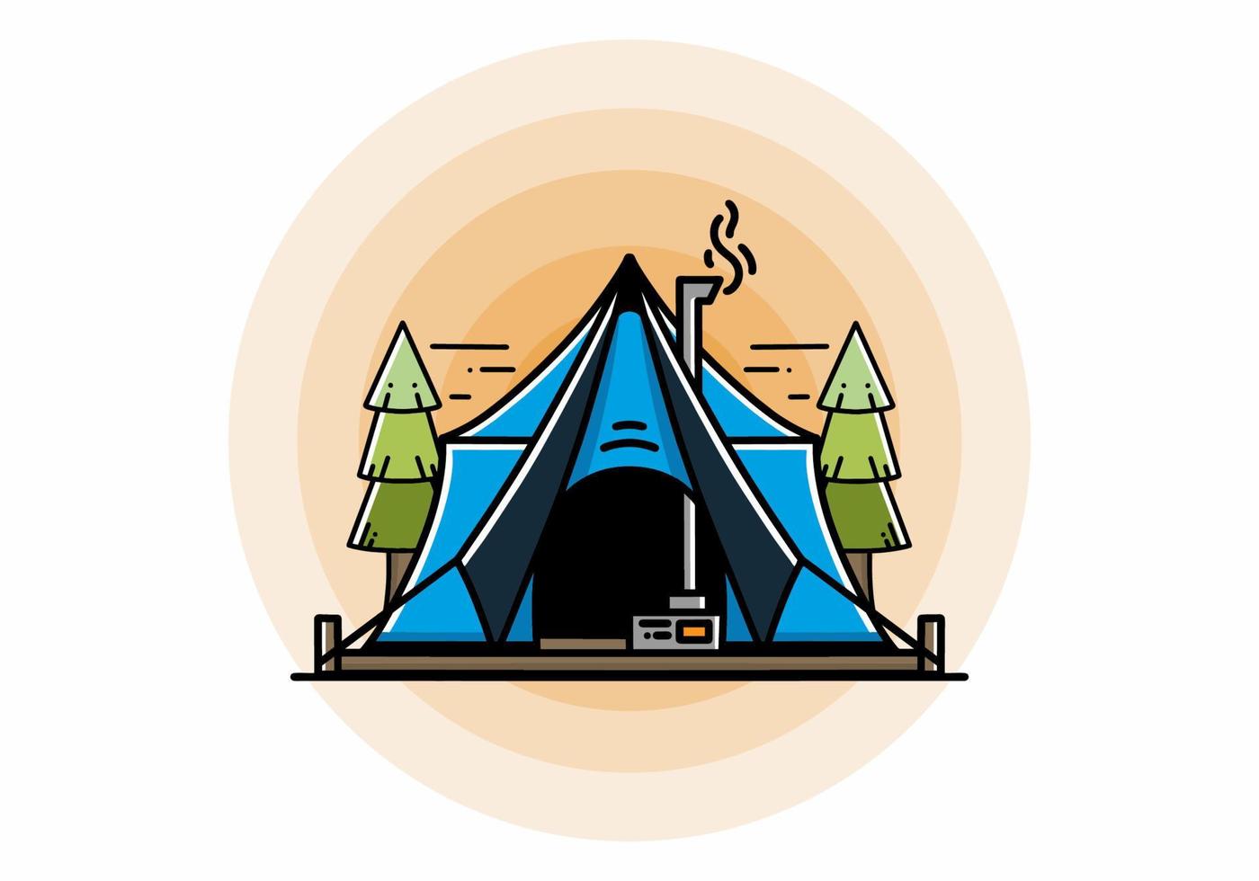 grande tente de glamping avec conception d'illustration de chauffage et de cheminée vecteur