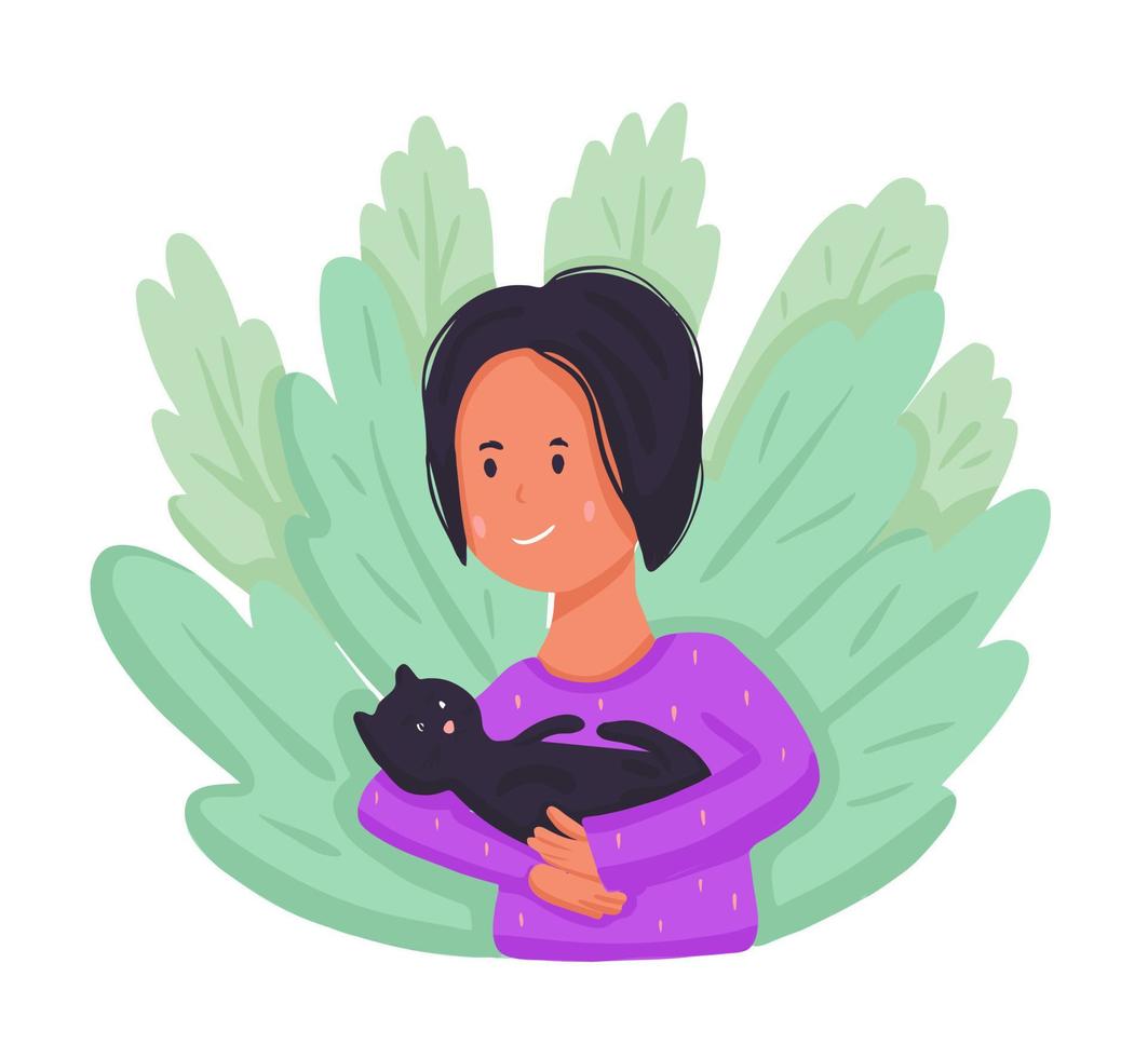 fille avec chat noir vecteur